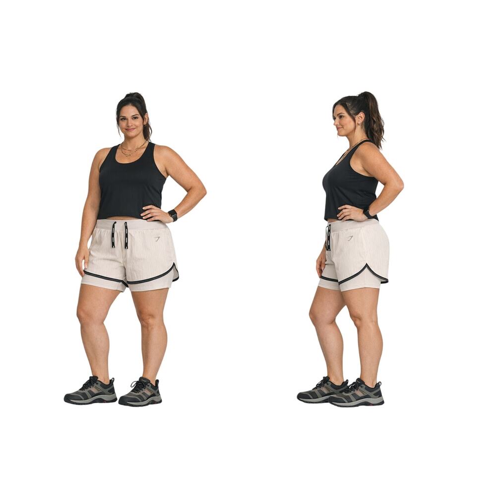 Gymshark Womens XL 2‑In‑1 Running Shorts Light Pink Black Pocket Tie Strings EUC